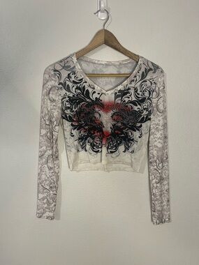 Floral Heart Graphic Long-Sleeve Crop Top - White/Black/Red